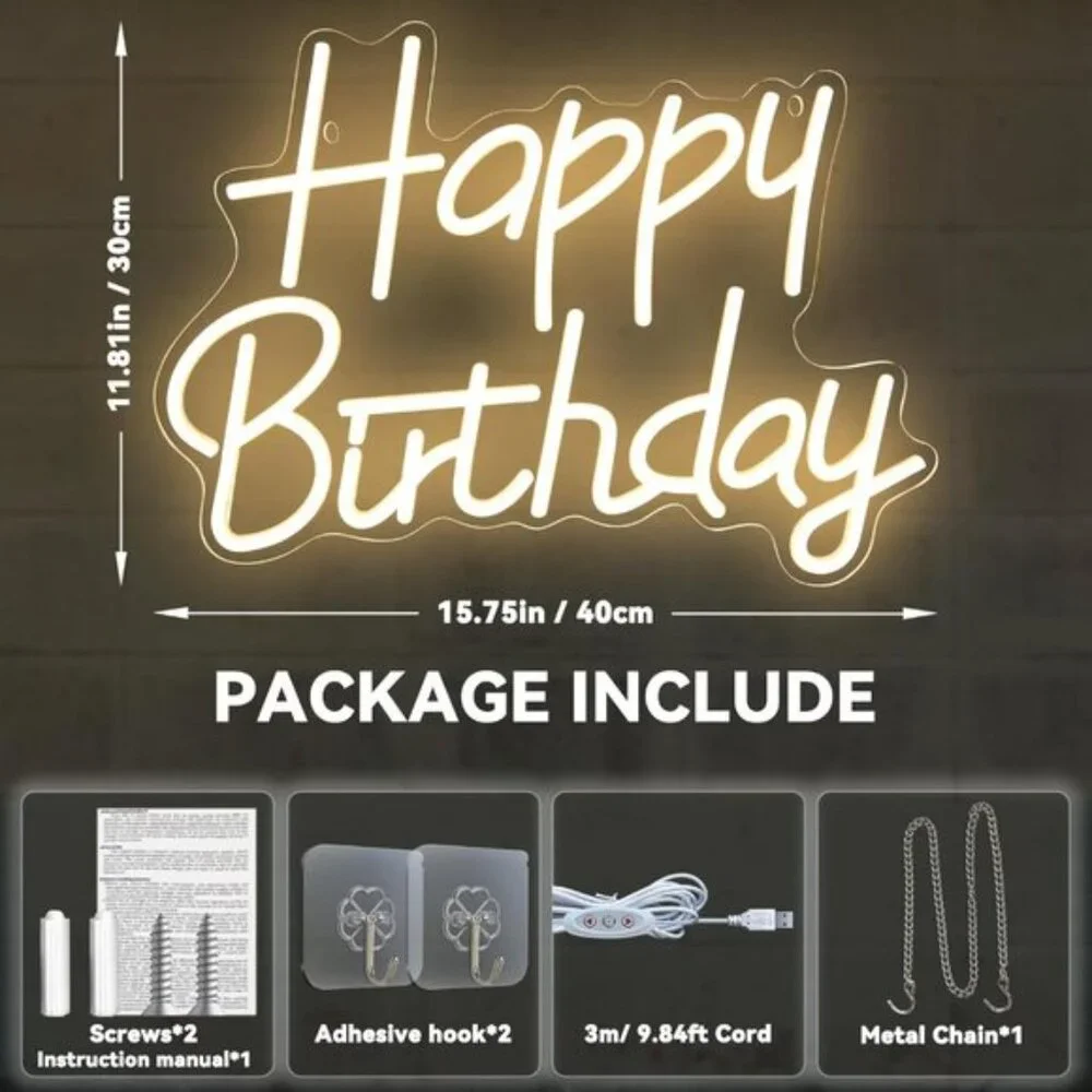 New Happy Birthday Neon Sign, Warm White LED Wall Light for Party & Backdrop - Picture 2 of 7